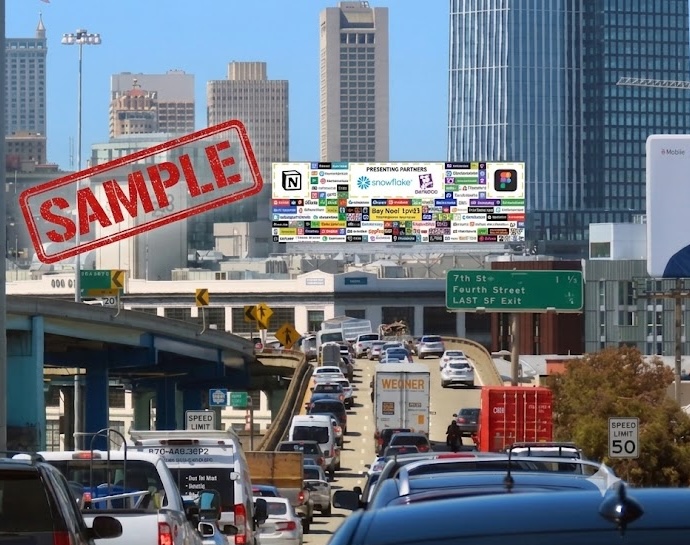 Mock-up of the finished billboard mounted on a real billboard over a San Francisco freeway, stamped SAMPLE.
